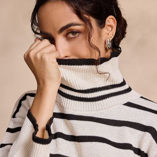 Ribbed Knit Bell Sleeve Turtle Neck Sweater